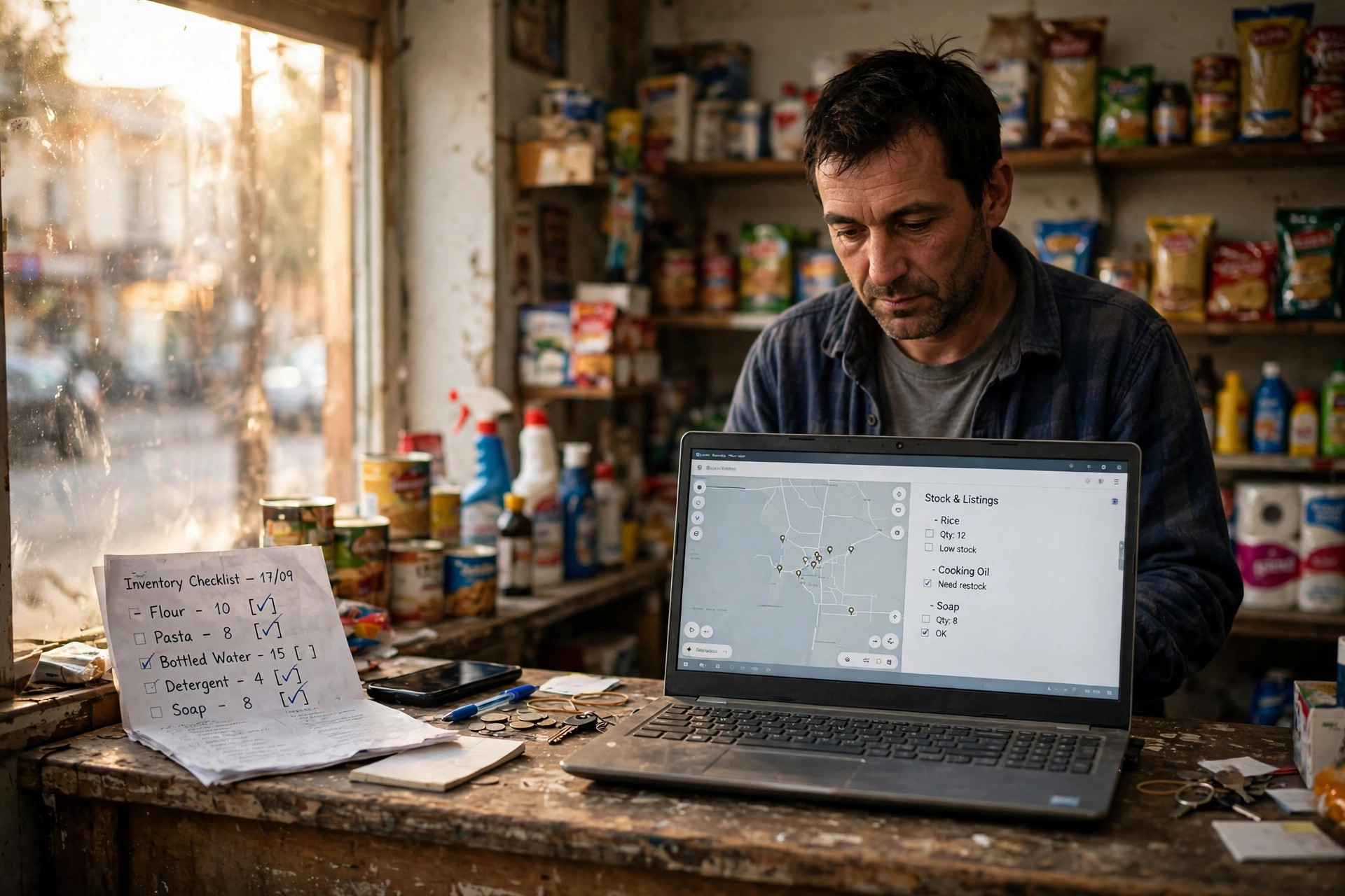 A shopkeeper at a counter with a laptop and a printed checklist
