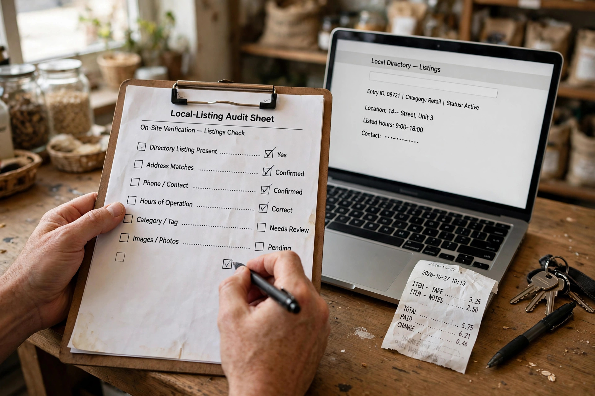 A printed local-listing audit sheet being checked off at a shop counter